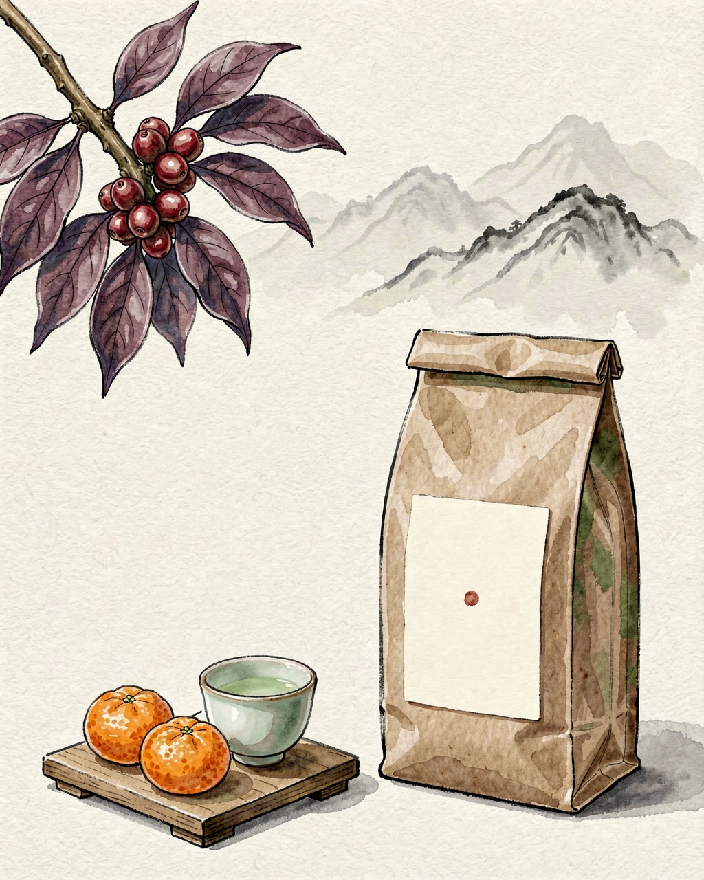 帶紫色嫩葉與紅色咖啡果的咖啡樹枝，旁邊是牛皮紙咖啡豆袋