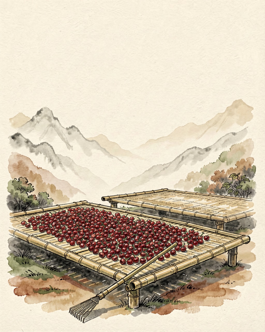 日曬床上晾曬的紅色咖啡果