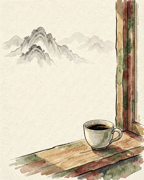 窗台上的一杯下午黑咖啡