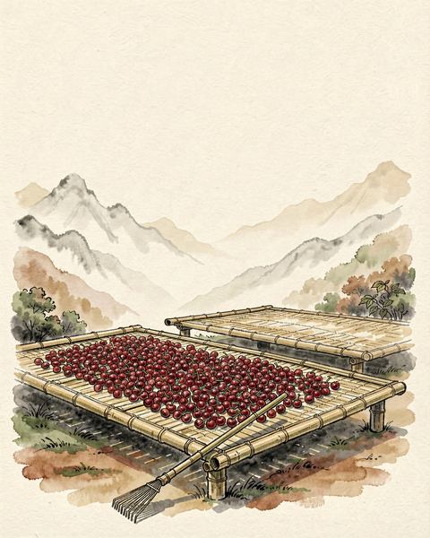日曬床上晾曬的紅色咖啡果