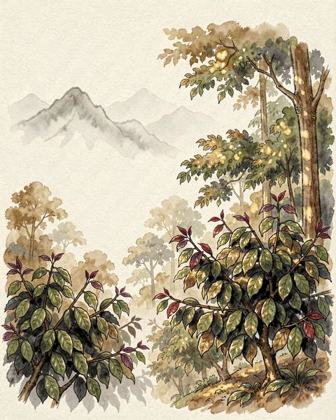 雨林樹冠下紅紫嫩葉的咖啡樹