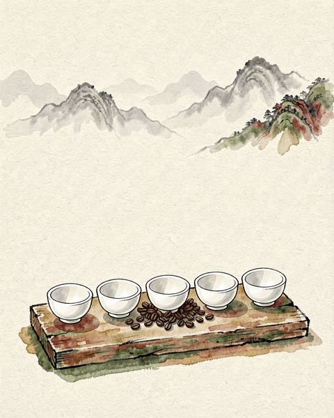 咖啡杯測桌上的一列試味碗
